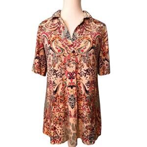 Johnny Was Jungle Paisley Polo Swing Tee Women Collared Short Sleeve Blouse - XS